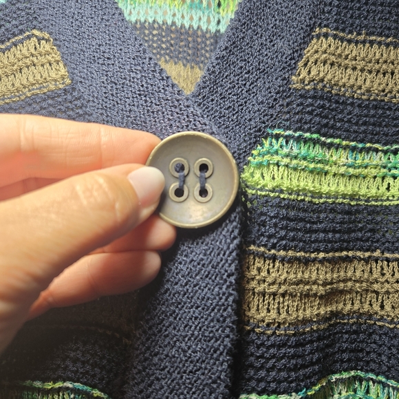 Monterey Bay Navy Green & Brown Striped Short Sleeve Cardigan Size Medium - Picture 5 of 8